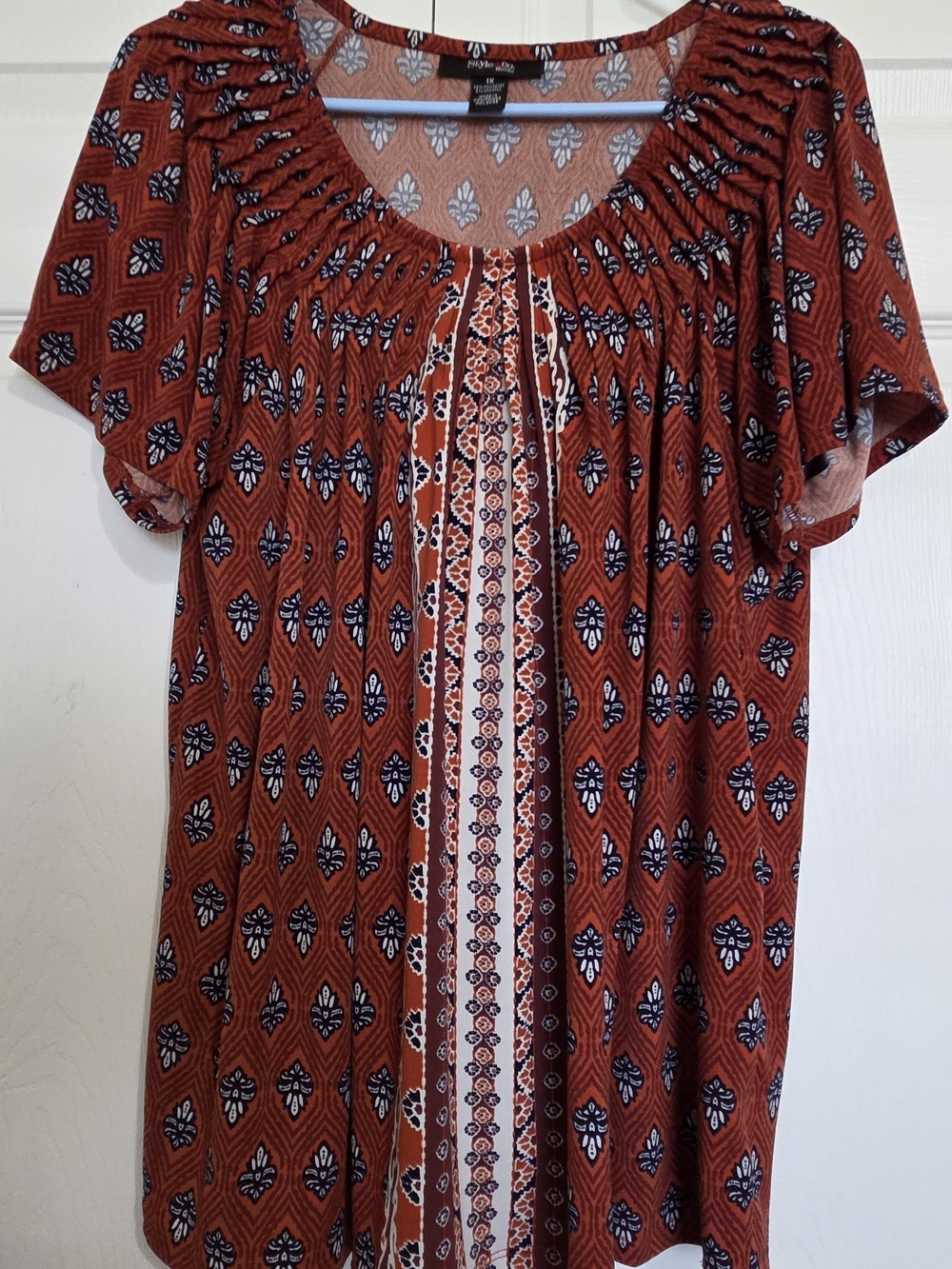 Style & Co. Rust Printed Short-Sleeve Smocked Neck Tunic